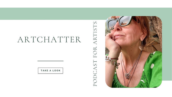 Promotional graphic for 'Artchatter' podcast with a gaynor leverett-jaques wearing sunglasses and a green top.