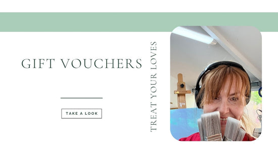 Promotional graphic for gift vouchers with gaynor leverett-jaques artist holding paintbrushes and text on a white background.
