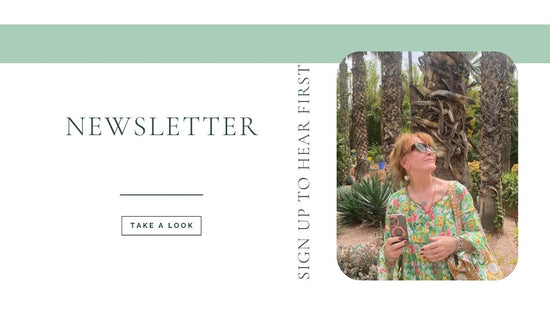 Gaynor Leverett-Jaques artist in a floral dress visiting Yves Saint Laurent Majorelle Garden in Marrakesh with text promoting her art newsletter.