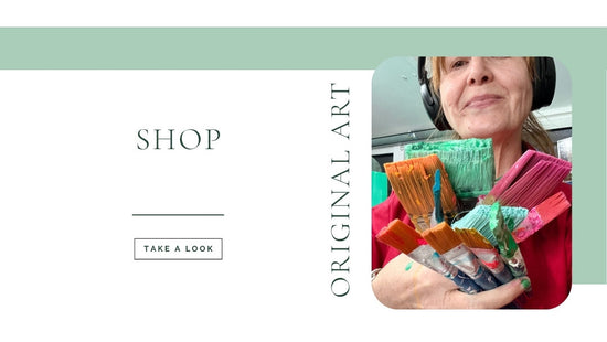 Promotional graphic for 'Shop Original Art' with a gaynor leverett-jaques gaynorljart holding art supplies.